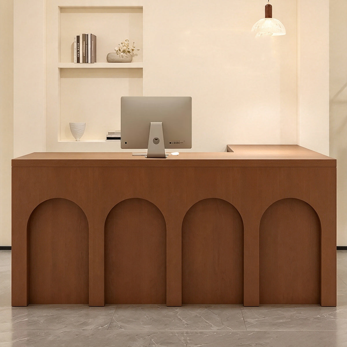 Arch Design Reception Desk with Cable Management, Reinforced Structure & Organized Storage for Retail Spaces