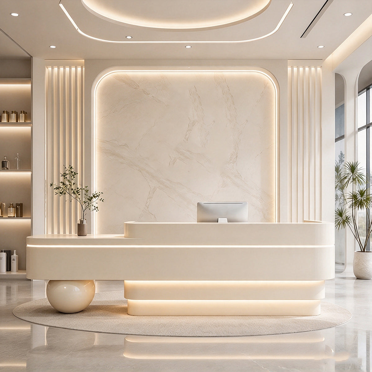 Modern Reception Desk with LED Lighting, Dual-level Countertop & Spacious Storage for Commercial Spaces