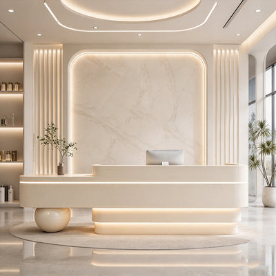 Modern Reception Desk with LED Lighting, Dual-level Countertop & Spacious Storage for Commercial Spaces