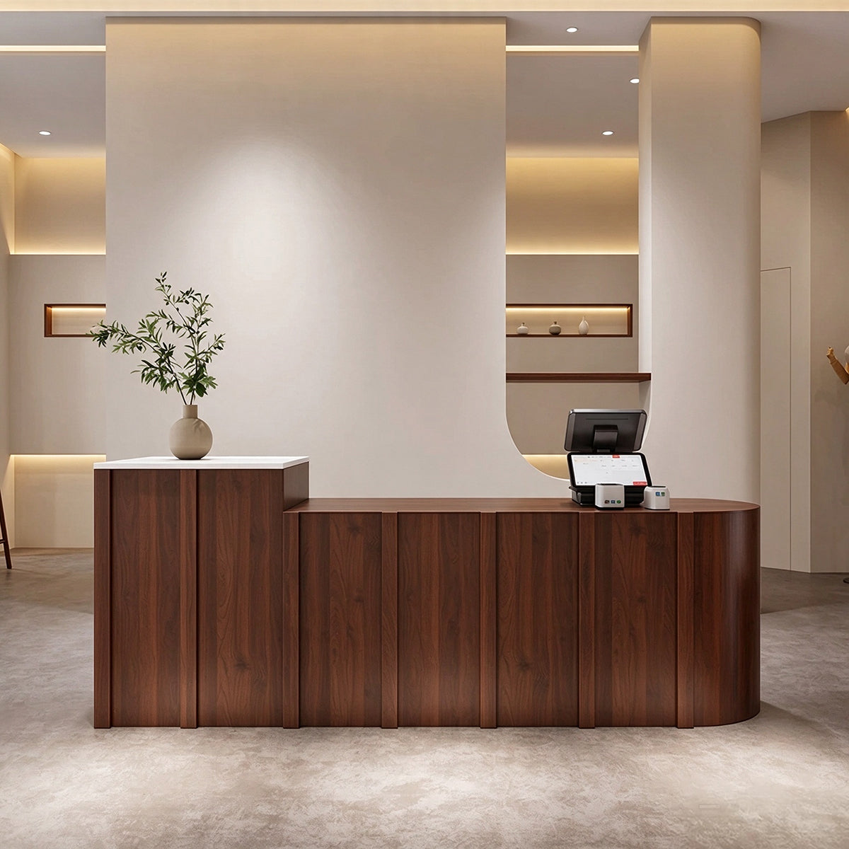 Curved Reception Desk with Spacious Countertop & Multi-functional Storage Design for Retail Spaces