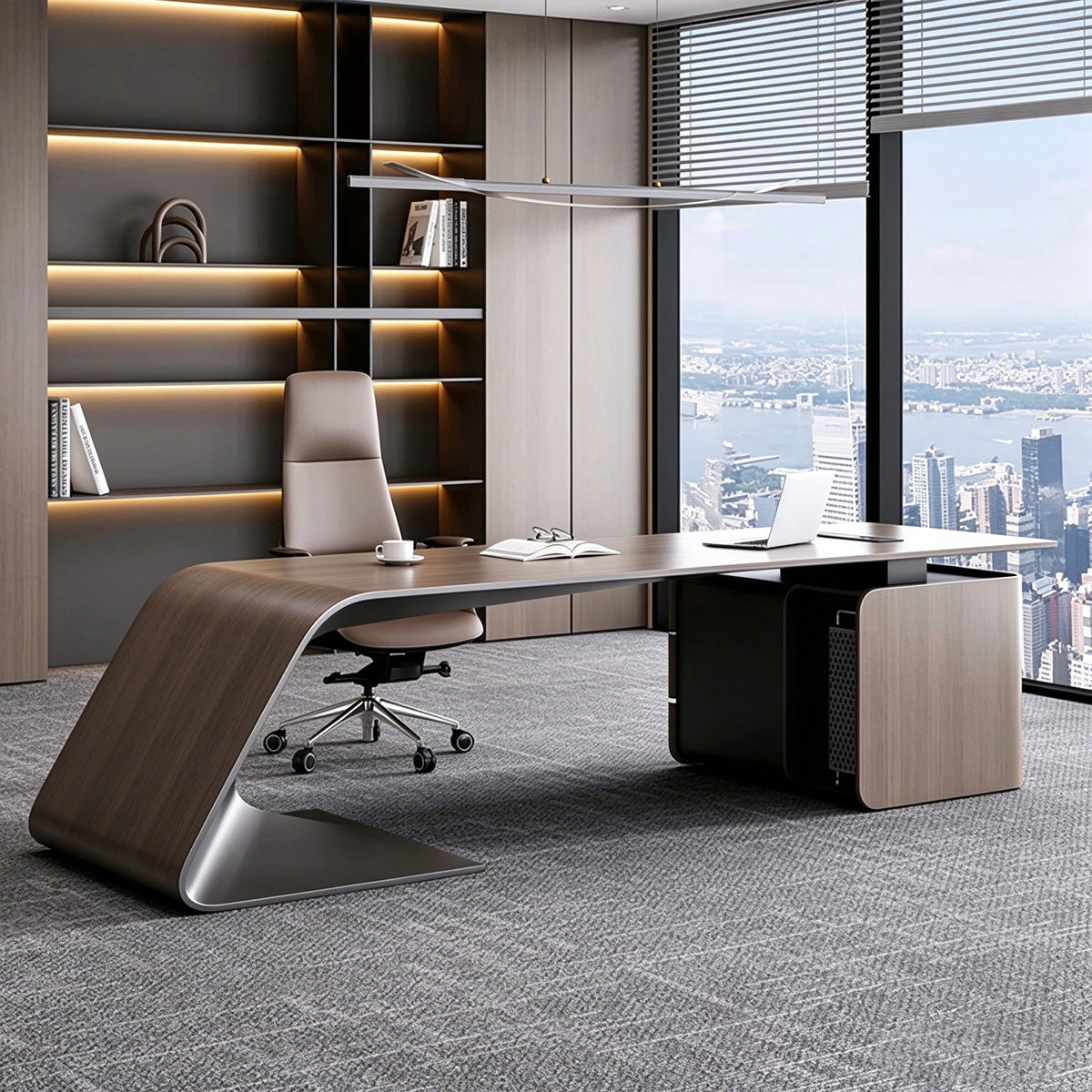 Premium Executive Desk with Wood Veneer Finish, Smart Cable Box & Spacious Side Storage