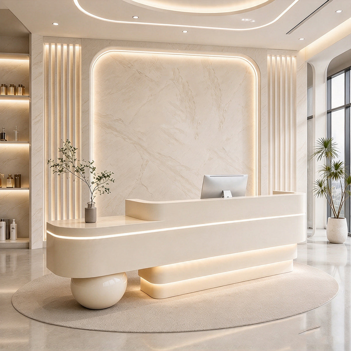 Modern Reception Desk with LED Lighting, Dual-level Countertop & Spacious Storage for Commercial Spaces