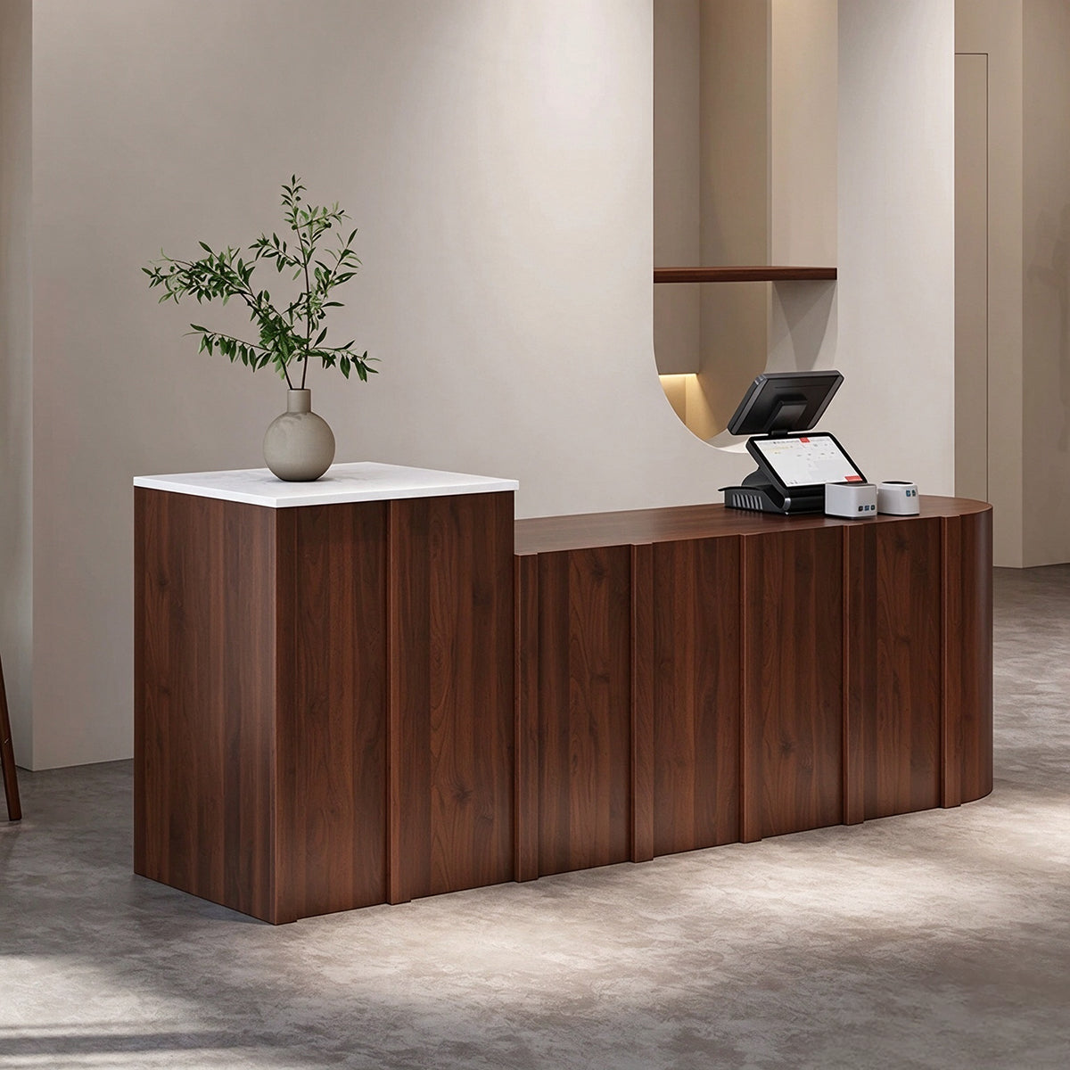 Curved Reception Desk with Spacious Countertop & Multi-functional Storage Design for Retail Spaces