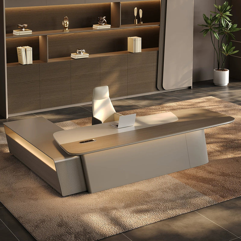 Luxury Executive Desk with Touch LED Lighting & Multi-level Side Storage Cabinet