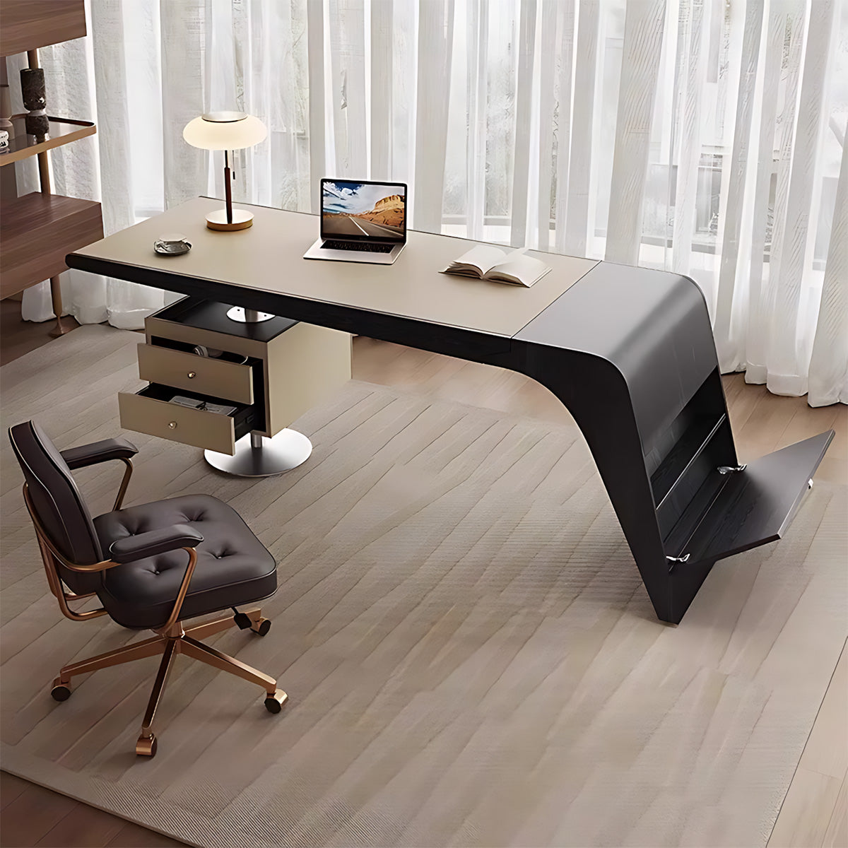 Premium Executive Office Desk with Smoked Oak Veneer & Smart Power Outlet