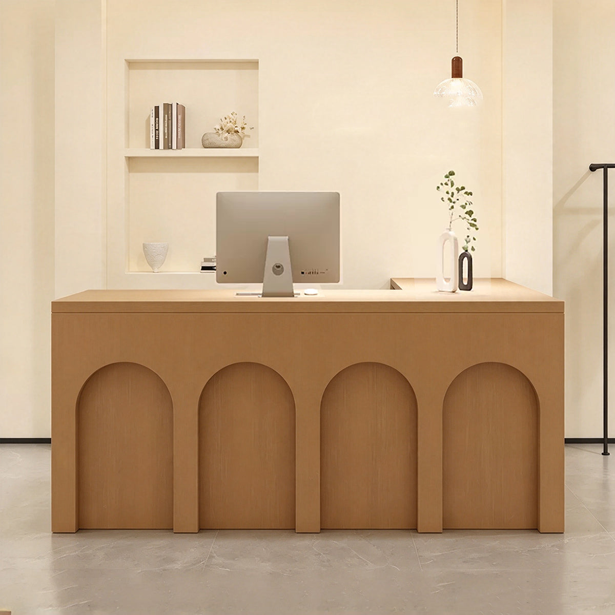 Arch Design Reception Desk with Cable Management, Reinforced Structure & Organized Storage for Retail Spaces