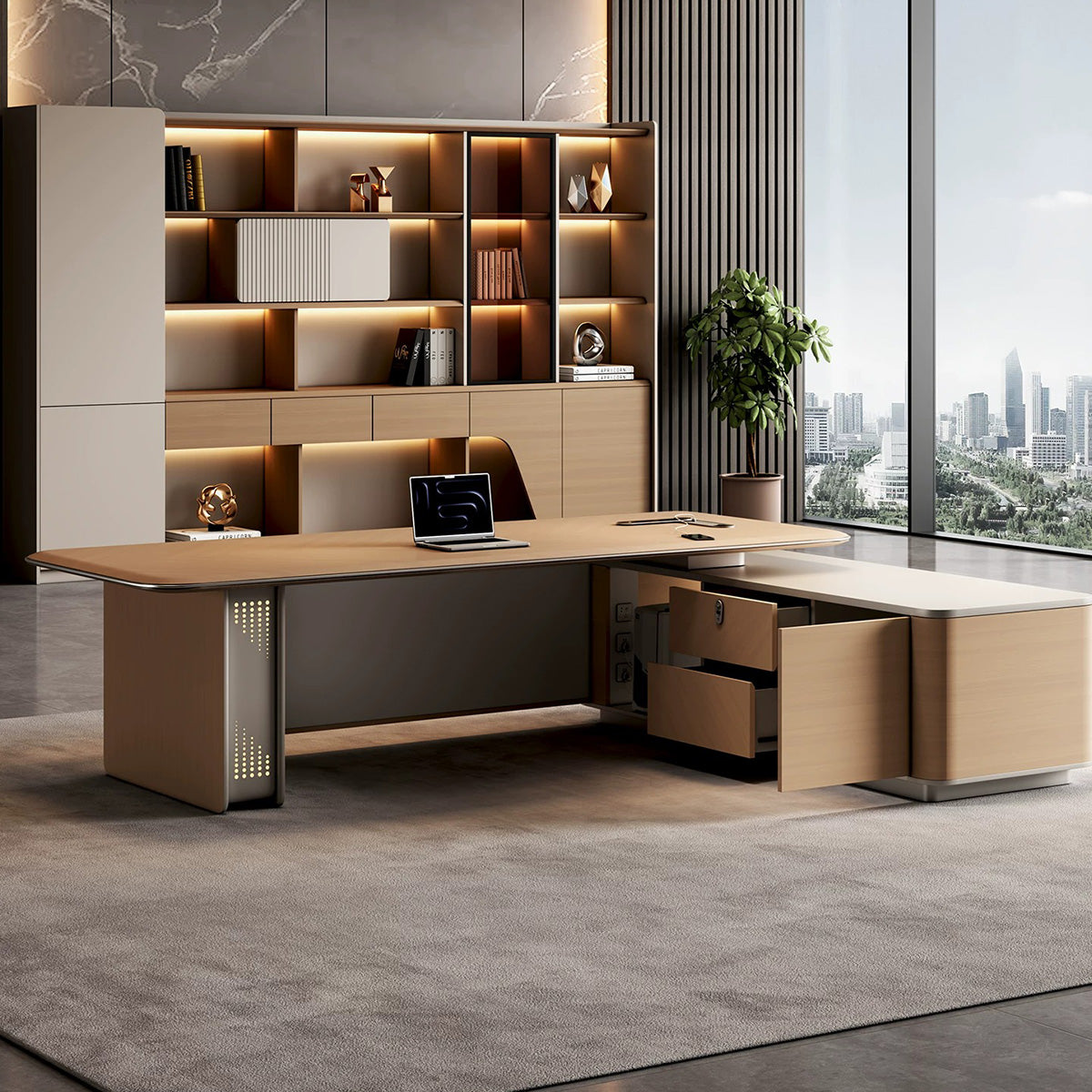 Smart Standing Executive Desk with Wireless Charging & Storage