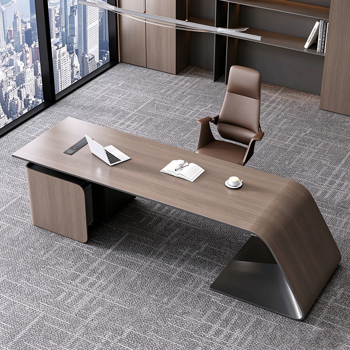 Premium Executive Desk with Wood Veneer Finish, Smart Cable Box & Spacious Side Storage