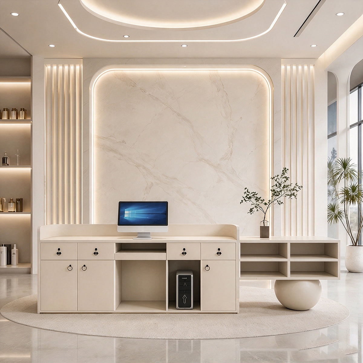 Modern Reception Desk with LED Lighting, Dual-level Countertop & Spacious Storage for Commercial Spaces