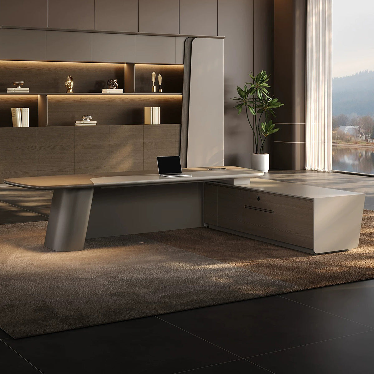 Luxury Executive Desk with Touch LED Lighting & Multi-level Side Storage Cabinet