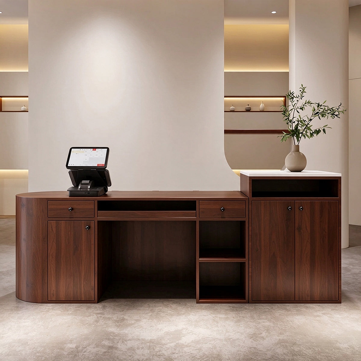 Curved Reception Desk with Spacious Countertop & Multi-functional Storage Design for Retail Spaces