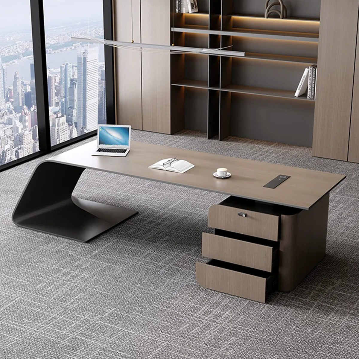 Premium Executive Desk with Wood Veneer Finish, Smart Cable Box & Spacious Side Storage