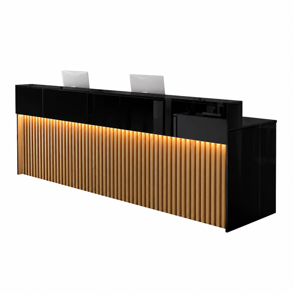 Reception Desk 47–157 in Wide with LED Accent Lighting, Lockable Drawers, Privacy Panel & Transaction Counter