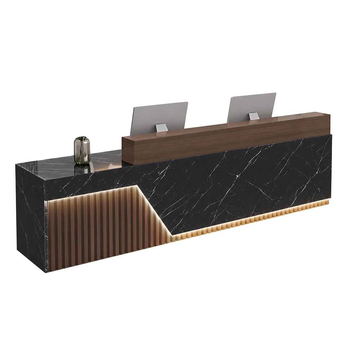 Modern Minimalist Reception Desk 71–126 in Wide with LED Accent Lighting, Lockable Drawers, Privacy Panel & Wood Slat Design