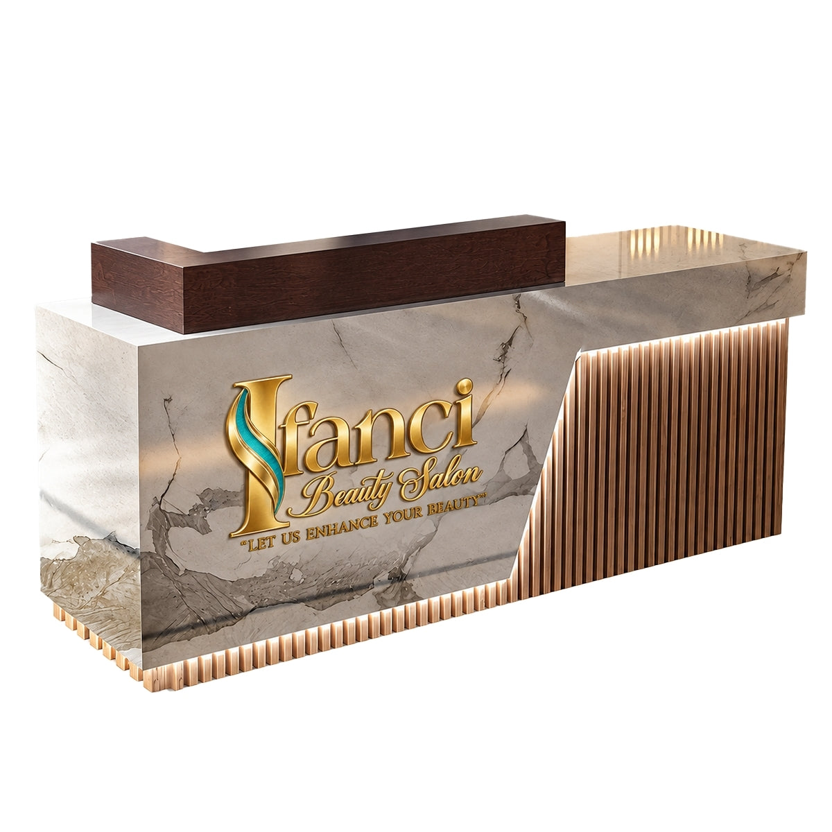 Reception Desk 39–118 in Wide with LED Accent Lighting, File Drawers, Transaction Counter & Marble Top