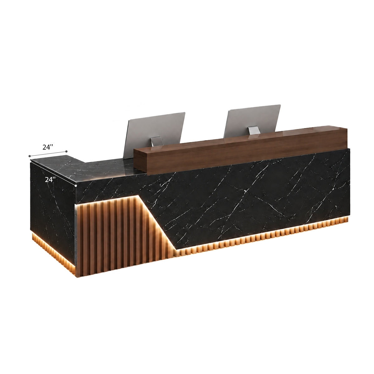 Modern Minimalist Reception Desk 71–126 in Wide with LED Accent Lighting, Lockable Drawers, Privacy Panel & Wood Slat Design