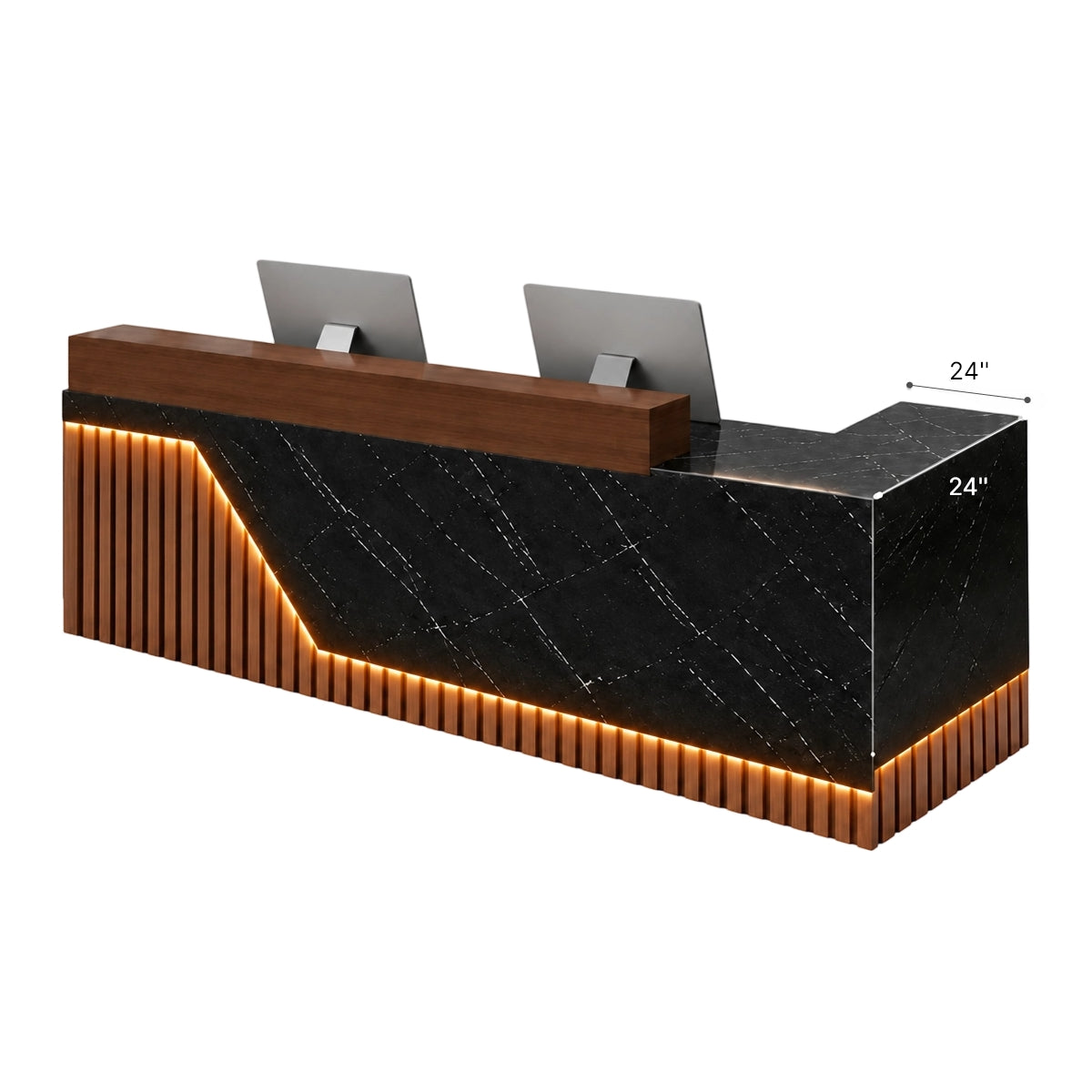 Modern Minimalist Reception Desk 71–126 in Wide with LED Accent Lighting, Lockable Drawers, Privacy Panel & Wood Slat Design