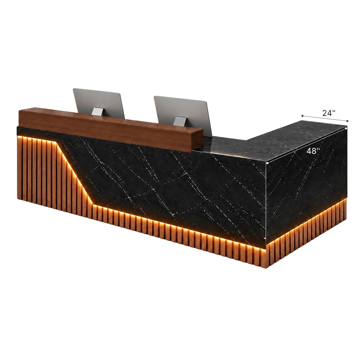 Modern Minimalist Reception Desk 71–126 in Wide with LED Accent Lighting, Lockable Drawers, Privacy Panel & Wood Slat Design