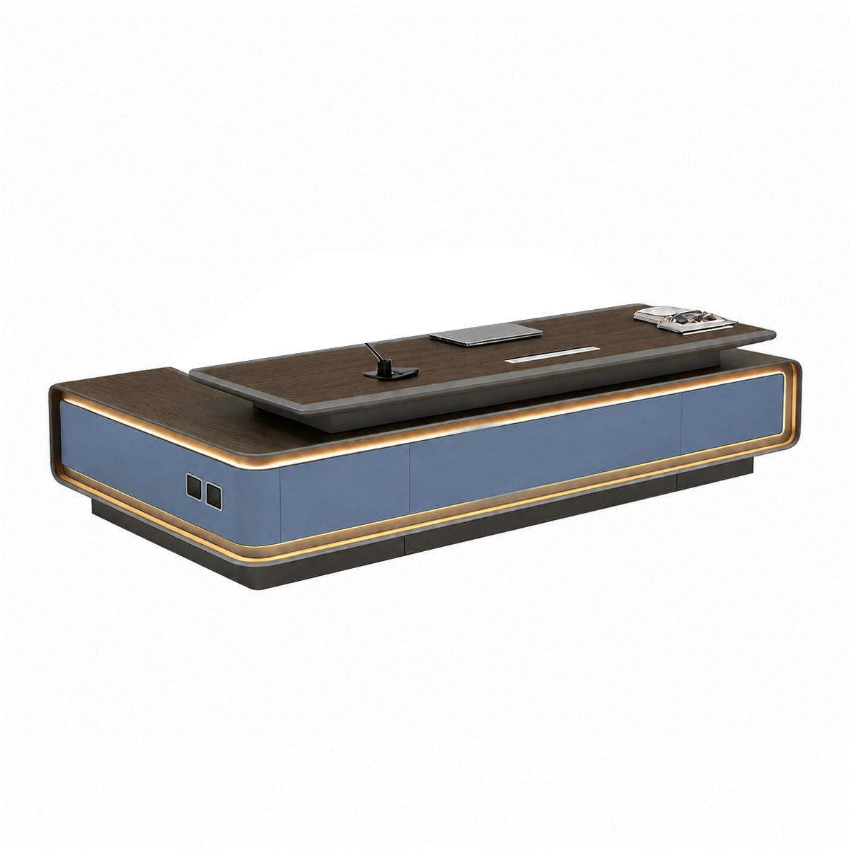 Executive Desk 94–150 in Wide with Built-In Power Outlets, Lockable Drawers, LED Accent Lighting & Steel Frame