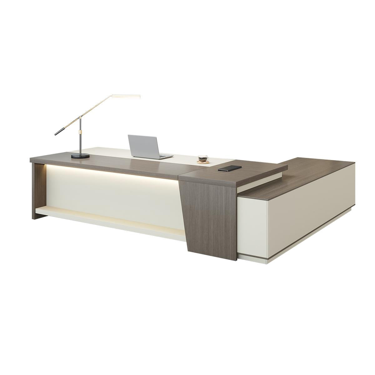 Minimalist Modern L-Shaped Executive Desk with Large Side Credenza and LED Lighting（Stock Items）