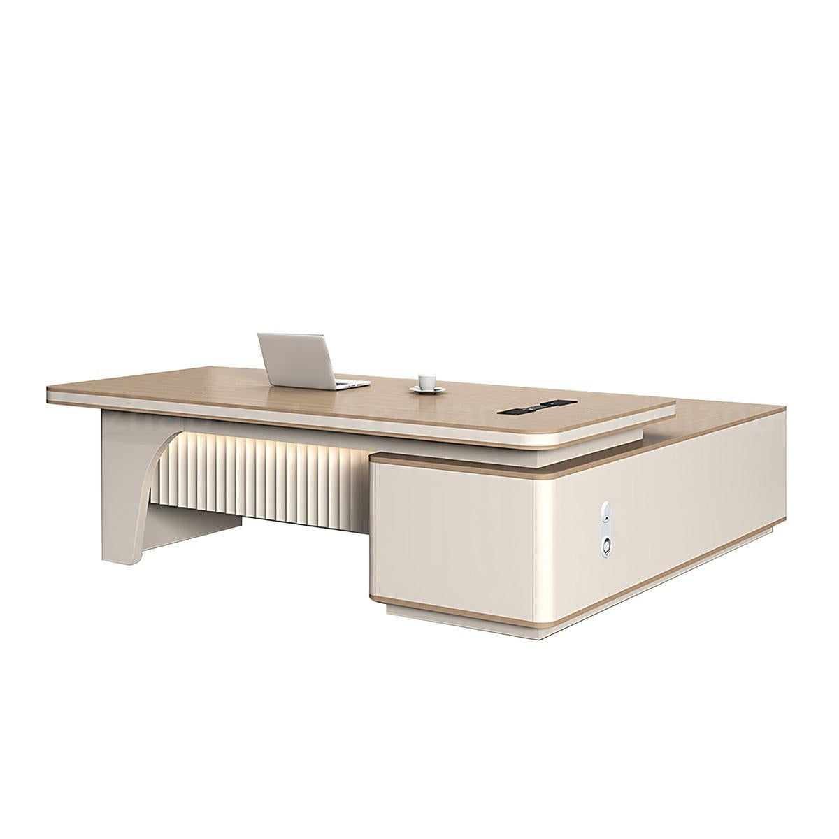 Contemporary Khaki L-Shaped Executive Desk with Elegant LED Accent Lighting