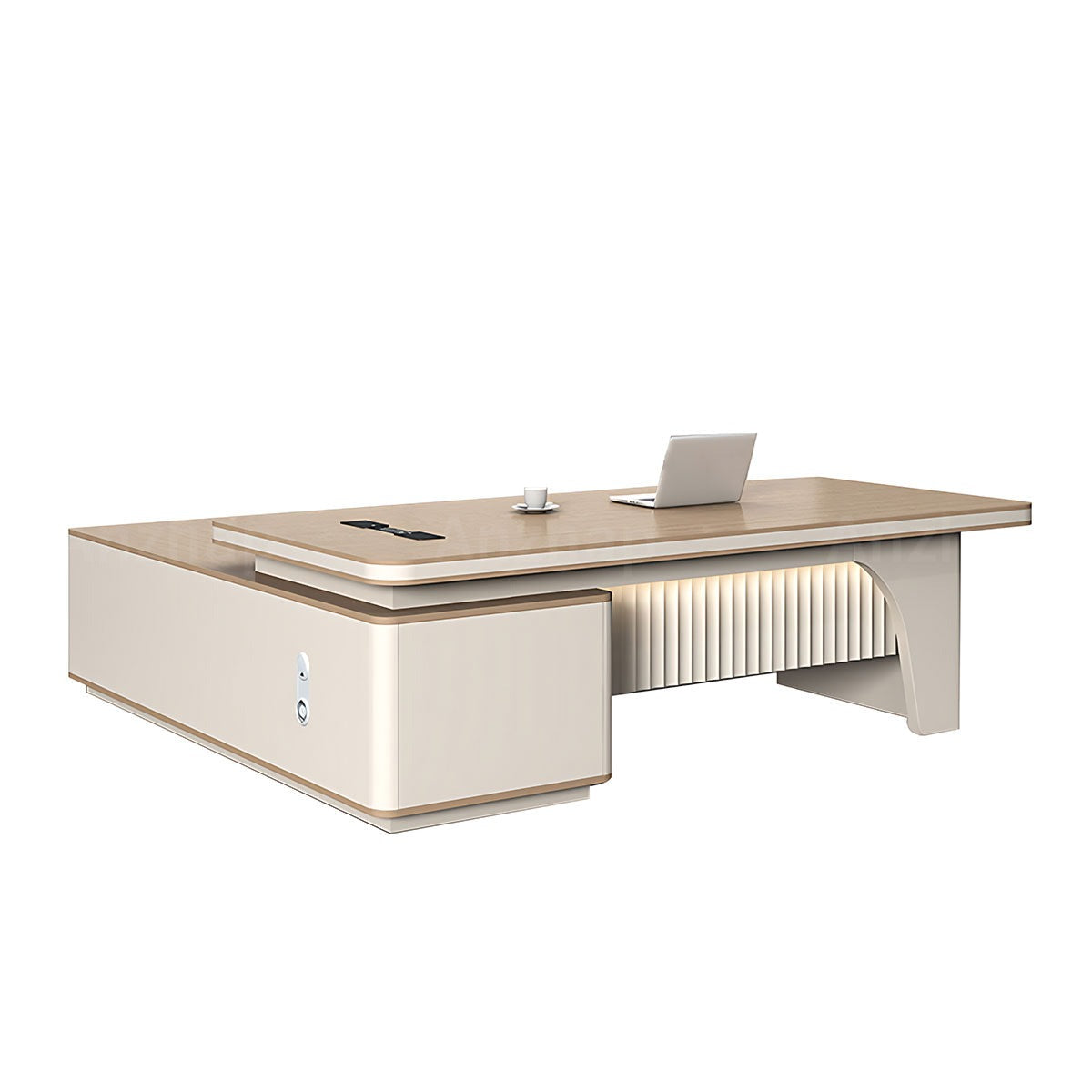 Contemporary Khaki L-Shaped Executive Desk with Elegant LED Accent Lighting