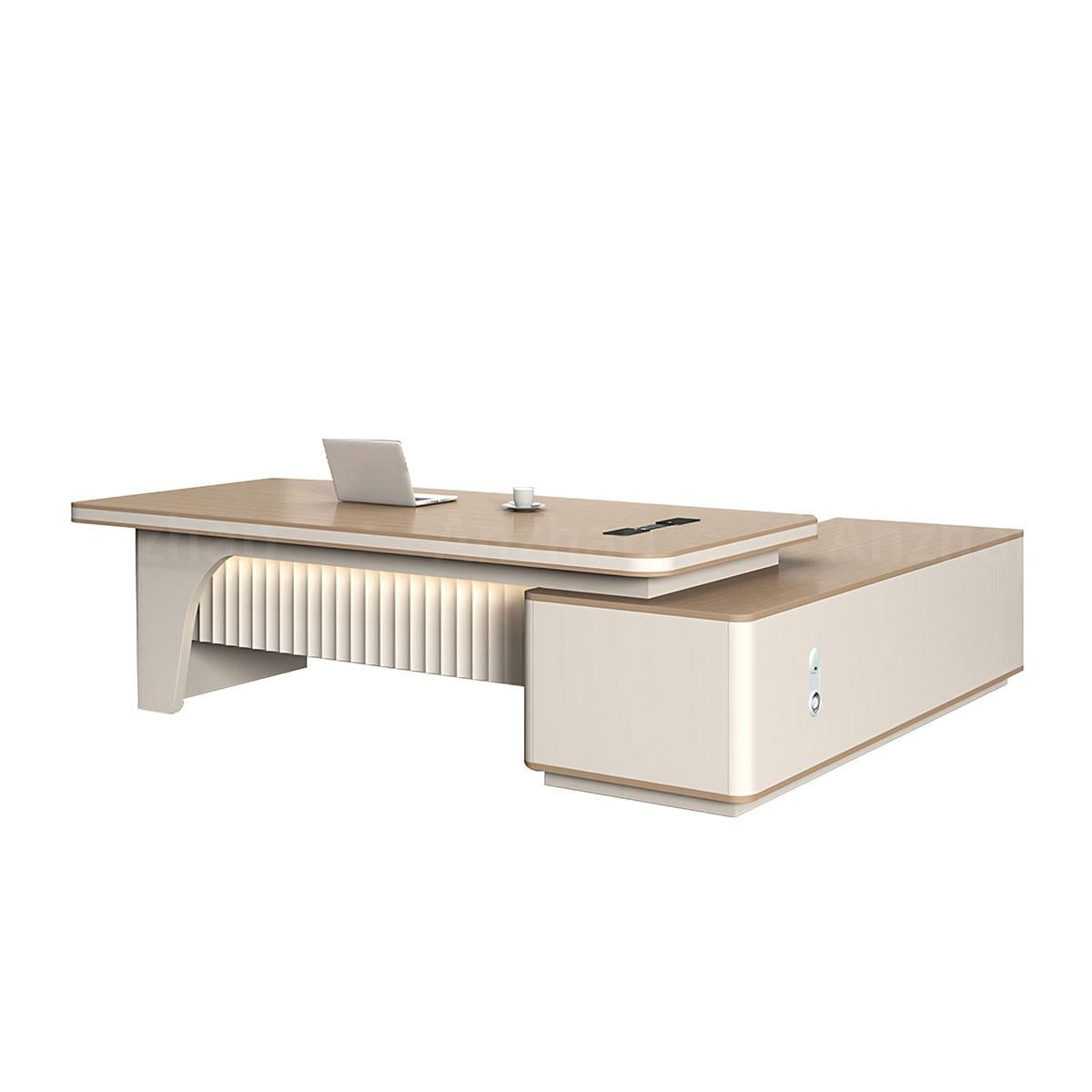 Contemporary Khaki L-Shaped Executive Desk with Elegant LED Accent Lighting