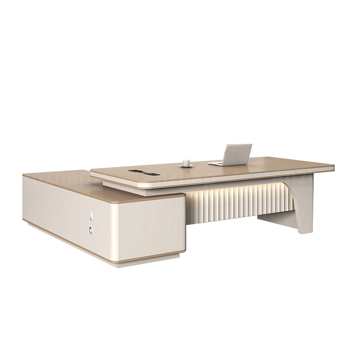 Contemporary Khaki L-Shaped Executive Desk with Elegant LED Accent Lighting