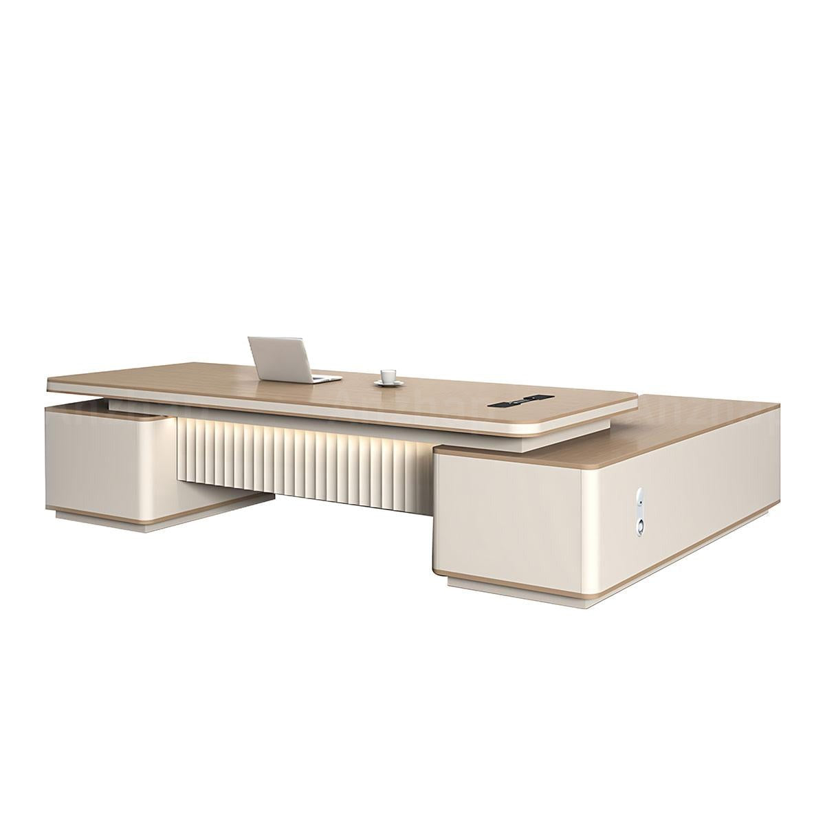 Contemporary Khaki L-Shaped Executive Desk with Elegant LED Accent Lighting