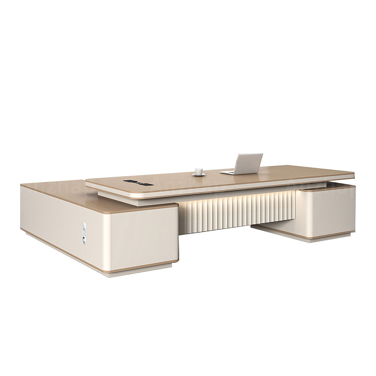 Contemporary Khaki L-Shaped Executive Desk with Elegant LED Accent Lighting