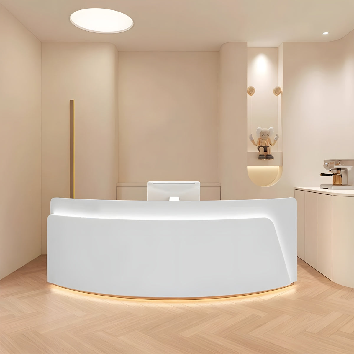 Reception Desk, angled product view, Modern Curved Reception Desk With LED Lighting - Minimalist White Salon & Office Front Counter finish, for...