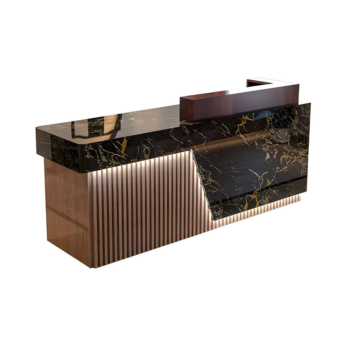 Executive Reception Desk – Black Marble & Fluted Wood with LED Accents