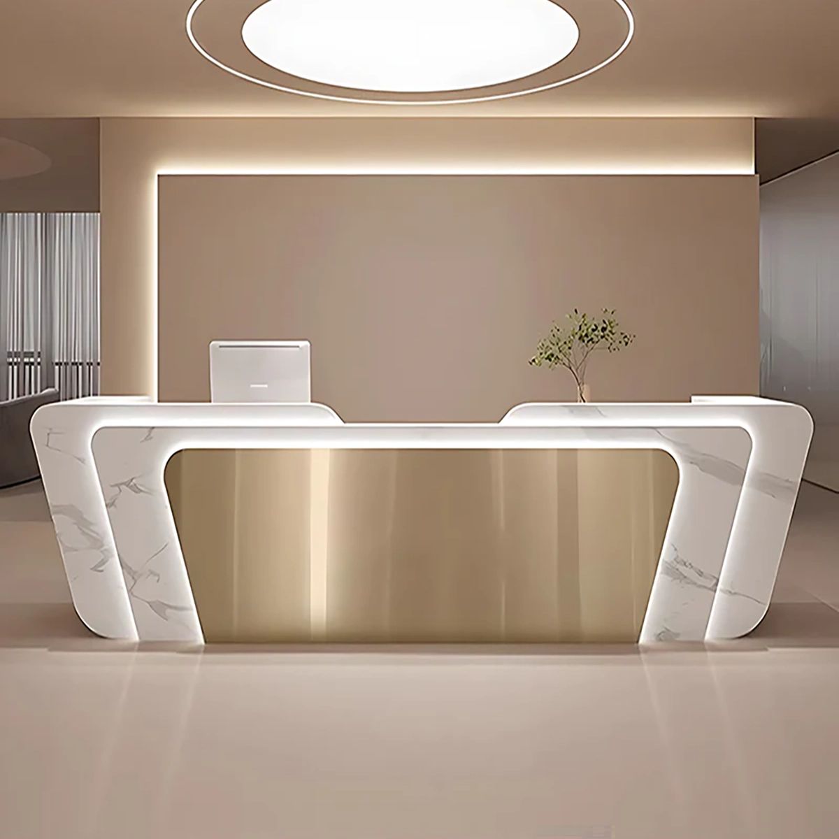 Curved Reception Desk 71-150 in Wide with LED Lighting, Stainless Steel & Lockable（Stock Items）